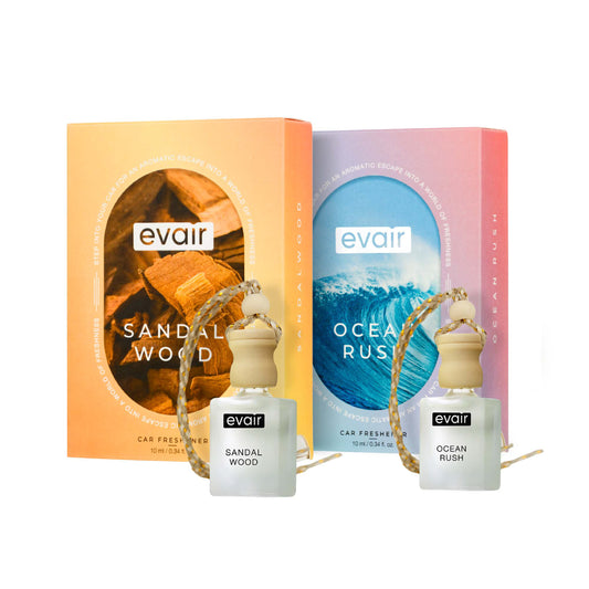 Evair Combo Pack of Car Air Freshener with Essential Oils Fragrances (Sandalwood and Ocean Rush) in Glass Bottles with Wooden Diffuser Lids (each 10 ml)