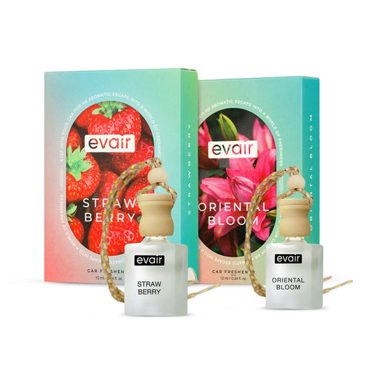 Evair Car Freshener Combo Pack containing Strawberry and Oriental Bloom scented car fresheners.