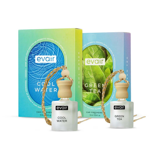  Two Evair car air fresheners, Cool Water and Green Tea scents, in a gift box. The fresheners are 10 ml each and made with essential oils