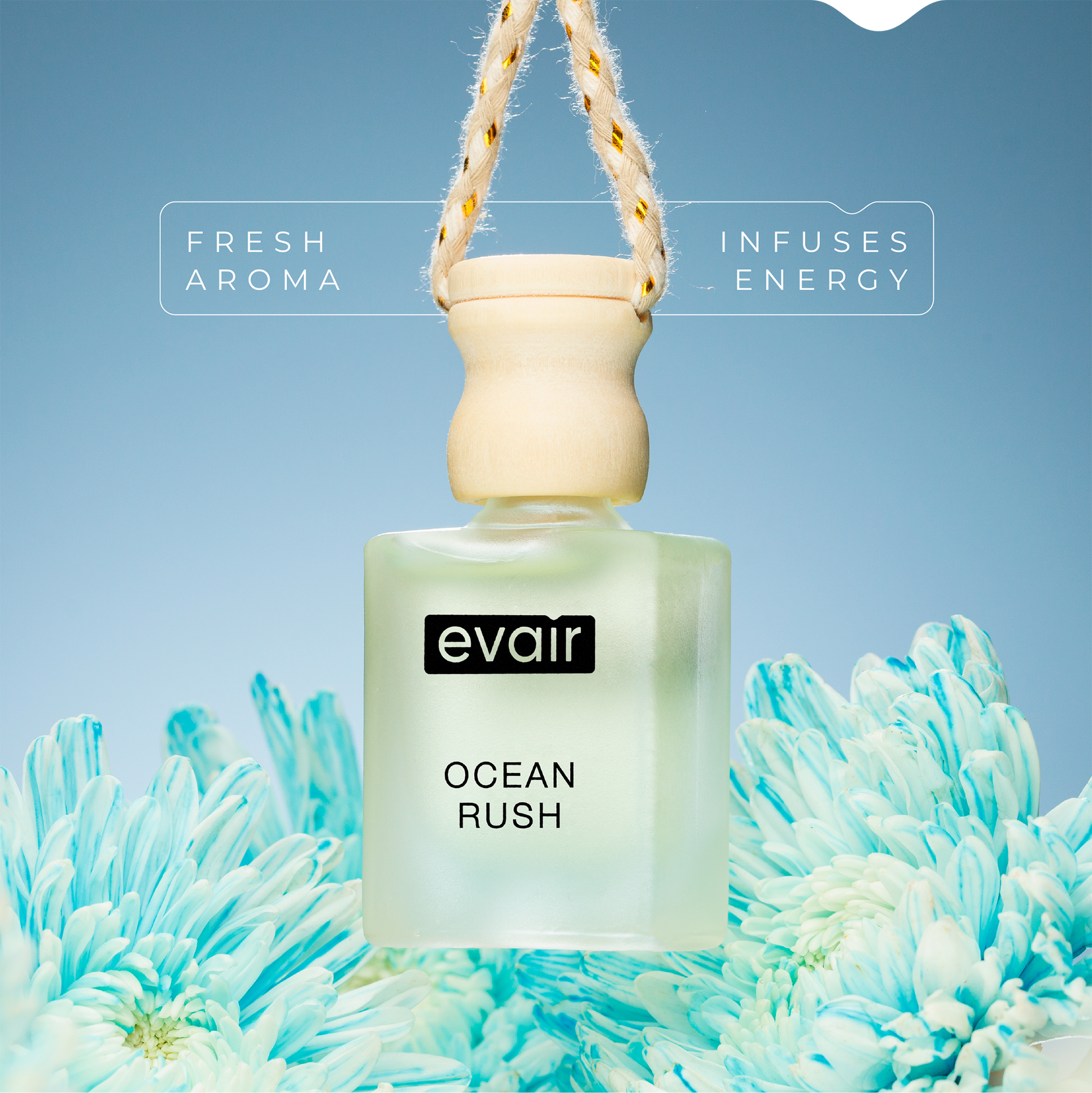 Evair Ocean Rush hanging car freshener with blue flowers